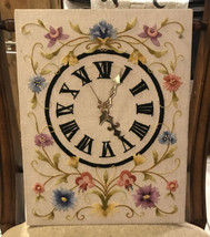 Vtg Floral Clock Needlepoint Sampler 12 1/2&quot; x 16 1/4&quot;  mounted to wood backing - £39.15 GBP