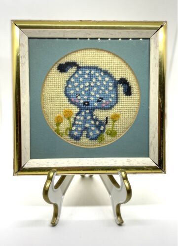Jiffy Puppy Dog Finished Needlepoint in White Wood Frame & Gold Trim 1970s #5591 - $29.69