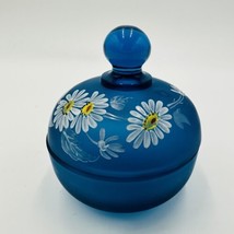 Westmoreland Vanity Dish Blue Satin Glass Lidded Trinket Hand Painted Daisies - £29.06 GBP