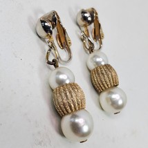 Vintage Elegant Faux Pearl Clip STATEMENT Earrings 1.75 Inch Drop Gold Tone - $16.83