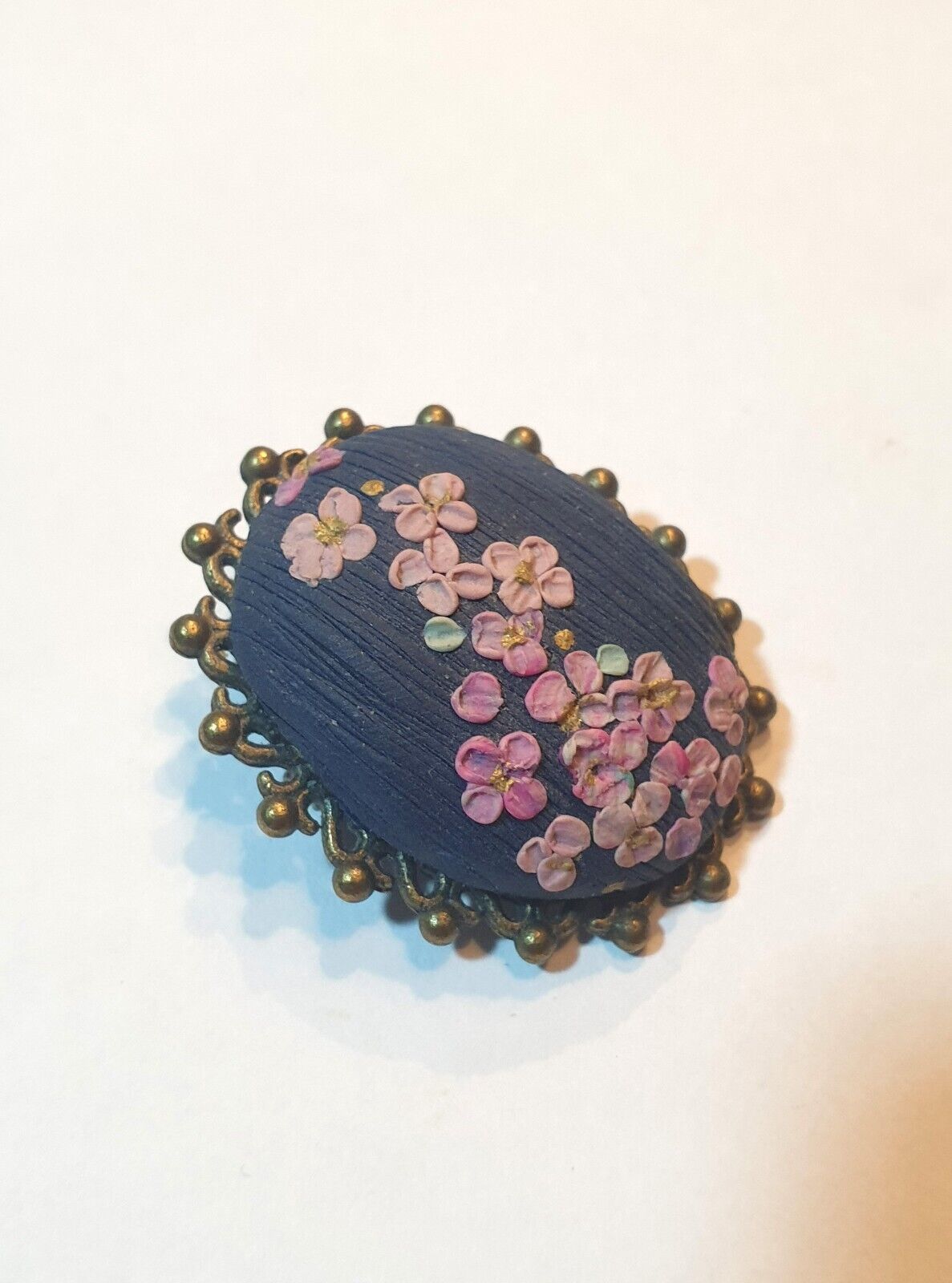 Tiny Flowers Brooch Oval Medallion Brooch Metal and Polyclay Handmade Art - $31.68