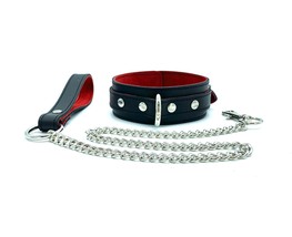 BDSM Black Leather Leash &amp; Collar Set with Silver Hardware Scarlet Collection - £78.90 GBP