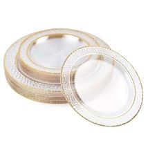 20 Reusable 10 Inch Clear Plastic Party Plates Hammered Gold Rim - Premium Heavy - £23.08 GBP