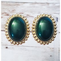 Vintage Clip On Earrings Large &amp; Chunky Statement Dark Green with Gold Tone Halo - £13.67 GBP