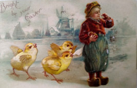 Easter Postcard Dutch Child Wooden Shoes Baby Chicks Windmill Germany Embossed - £12.30 GBP
