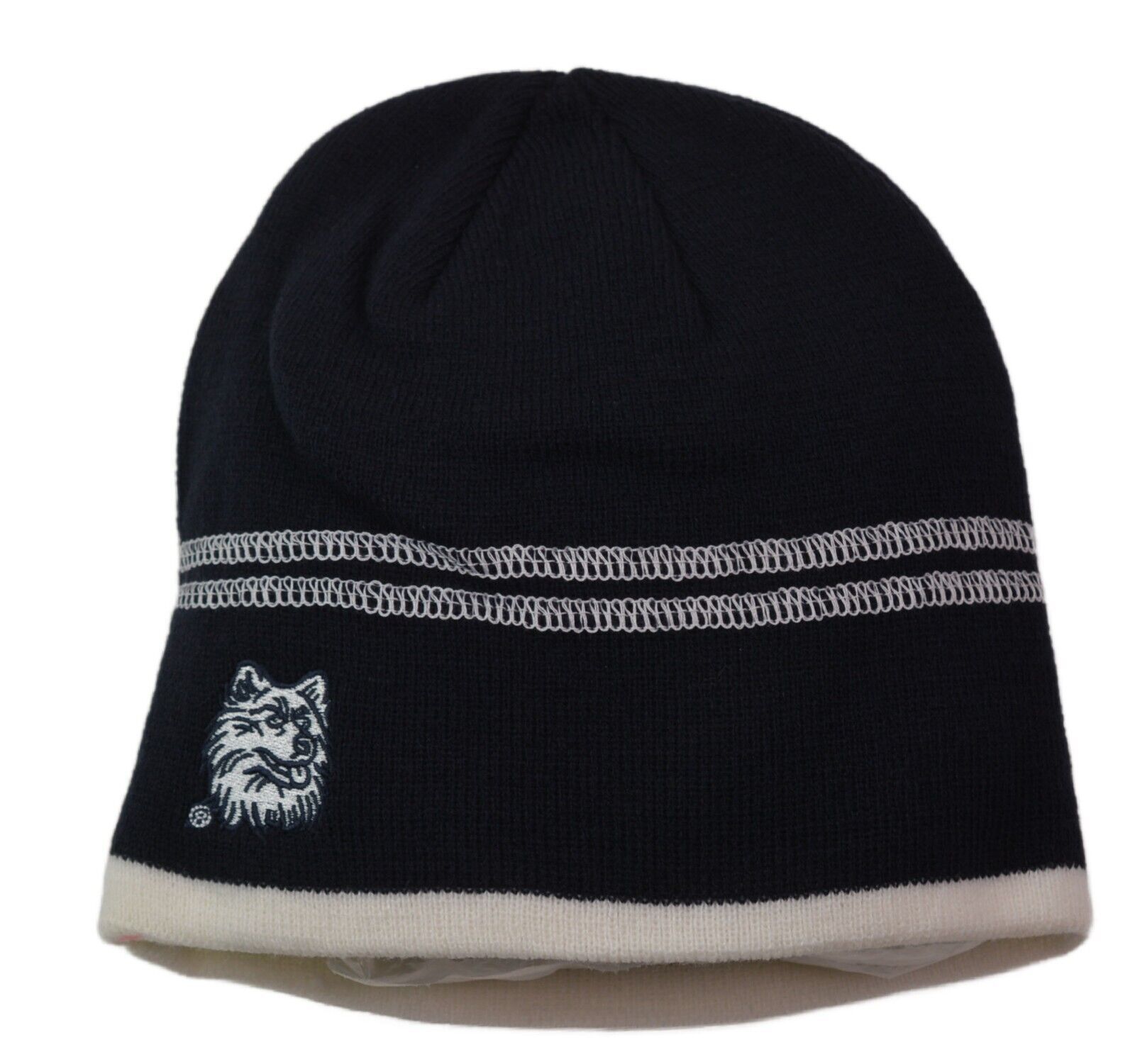 UConn Huskies NCAA Team Logo Cuffless Knit Dark Navy Blue & White Winter Beanie