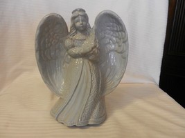 Gray Ceramic Garden Angel Figurine With Wings Spread, Holding Fruit - $42.75