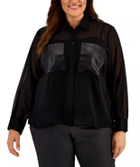 Calvin Klein Womens Plus 1X Faux Leather Button Top Blouse Black Sheer NWT - £28.79 GBP