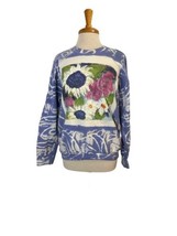 Women&#39;s Long Sleeve T Shirt Blue Floral Painted Multicolor Flower Size L Gildan - £14.56 GBP