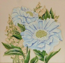 RARE OLD ANTIQUE HAND SILKSCREEN FLOWERS FLORAL PRINT BLUE YELLOW FLESH ... - £14.15 GBP
