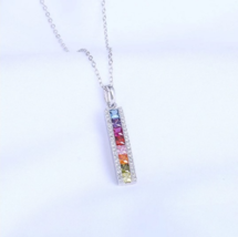 Sterling Silver Plated A+ Zirconia Rainbow Pillar Pendant Necklace - £14.15 GBP