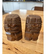 Vintage Hand Carved Wood Aztec Tiki Design Salt and Pepper Shakers - $14.84