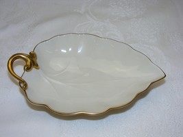 Vintage China by Lenox Woodleaf Gold Handle Candy Nut Dish Leaf Shape Tray - $41.91