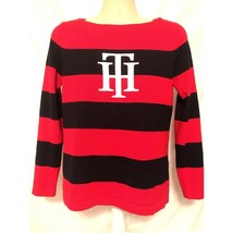 Tommy Hilfiger TH Red Blue Striped Fitted Pullover Sweater Medium Stretch Logo - £15.47 GBP