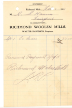 1911 antique Richmond Woolen Mills Michigan Walter Davidson Handwritten ... - £21.59 GBP