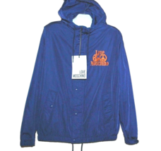 Love Moschino Men&#39;s Blue Hooded Rain Jacket Orange Logo Size US 44 EU 54 - £221.03 GBP