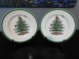 SPODE Set of 2 Christmas Tree Pattern Dinner Plates 10 5/8&quot; S3324-A8 Green Trim - $34.95