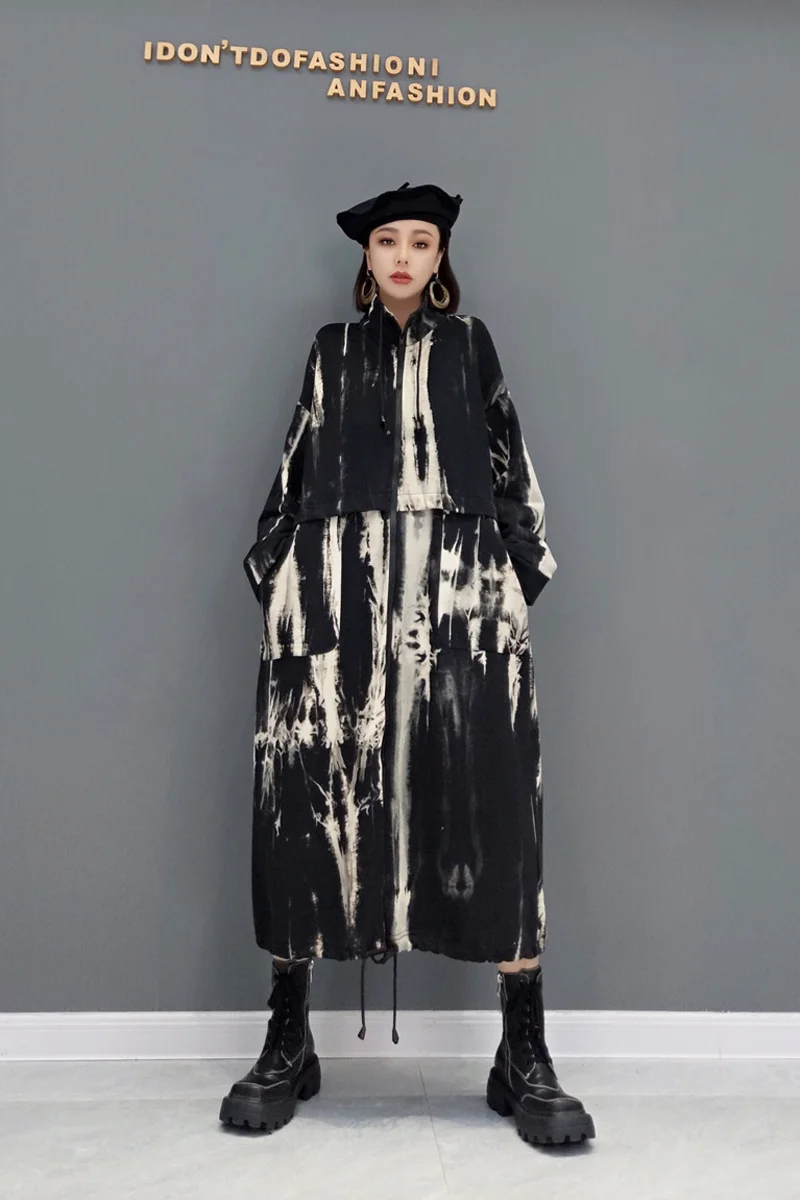 Vefadisa Women Long Sleeves Shrink Rope Windbreaker Coat Loose Mid-length Old Gr - £356.87 GBP