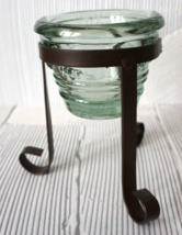 Green Mexican Art Glass Candle Succulent Plant Holder With Wrought Iron Stand - £17.48 GBP