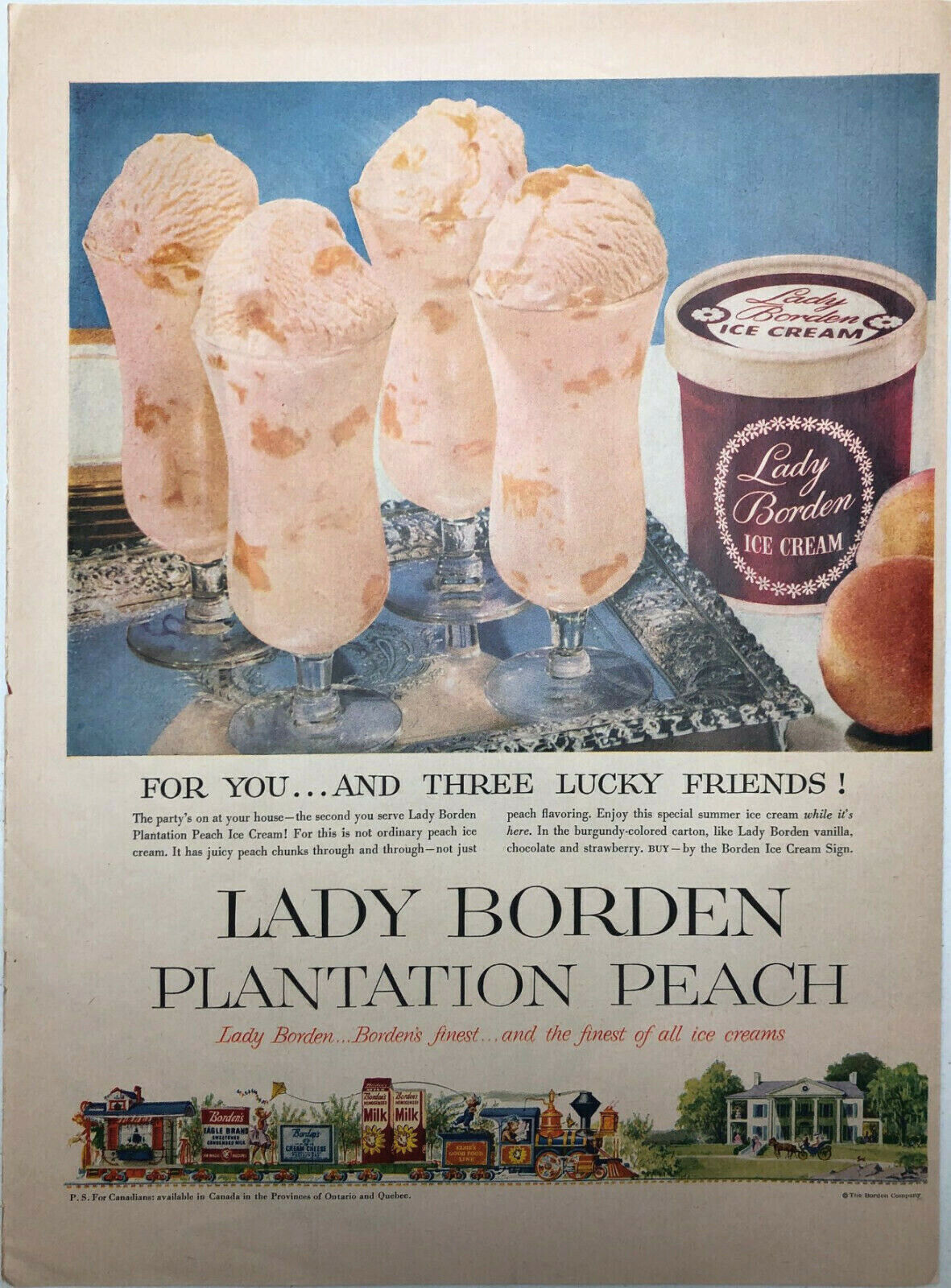 Vintage 1953 Lady Borden Plantation Peach Ice Cream Print Ad Art Bordens Train - £4.30 GBP