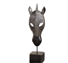 Zebra Mask Statue on Pedestal 15" High Silver Black Resin Africa Freestanding - $49.49