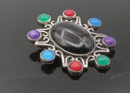 EFS MEXICO Silver - Vintage Black Onyx Charoite Coral &amp; Topaz Brooch Pin- BP3861 - $80.26