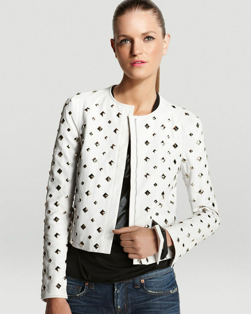 White Color Short Collar Vintage Leather Biker Cropped Silver Studded Jacket
