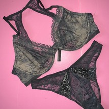 Nwt Victoria&#39;s Secret Unlined 36D Bra Set+S Panty Gray Lace Pink Animal Print - £46.71 GBP