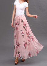 Pink Floral Long Chiffon Skirt Women Summer Plus Size Flower Chiffon Skirt image 2