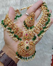 Gold Plated Indian CZ Bollywood Style Temple Choke Necklace Ruby Jewelry Set - £75.65 GBP