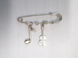 2&quot; PIN BROOCH w 3 CRYSTALS w MUSIC NOTE &amp; CLASSICAL GUITAR DANGLING ALLO... - £4.69 GBP