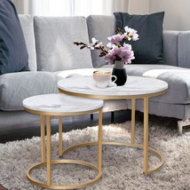 Aboxoo Coffee Table Nesting White Set Of 2 Side Set Golden Frame Circular And - £61.35 GBP