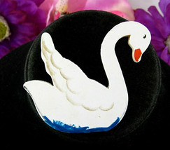 Not An Ugly Duckling! Big White Swan Pin Vintage Brooch Handcrafted Painted Wood - £10.17 GBP
