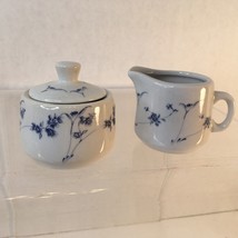 Vtg  Blue White Floral China Cream and Sugar Set Asian Style - $12.75