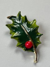 Vintage Gerry’s Marked Two Tone Green Enamel Holly Leaf w Red Bead Christmas Bro - $14.89