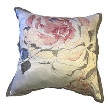 Vintage Down Filled Embroidered White Pink Rose Throw Pillow 18&quot; Large Floral - £29.88 GBP