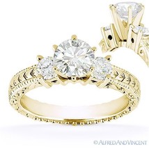 Round Cut Moissanite 14k Yellow Gold 3 Three-Stone Antique Style Engagement Ring - £594.35 GBP+