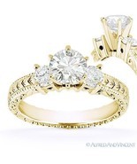 Round Cut Moissanite 14k Yellow Gold 3 Three-Stone Antique Style Engagement Ring - $751.44 - $1,462.99