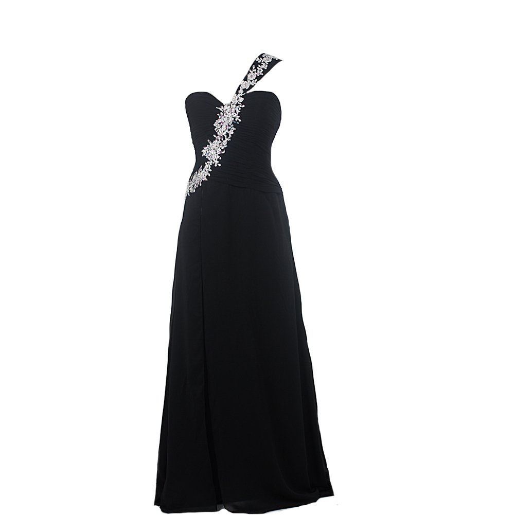 Kivary Women's Crystals Long One Shoulder Black Corset A Line Prom Evening Dress
