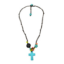 Colorful Faith Blue Turquoise Cross on Cotton Wax Rope Necklace - £10.11 GBP