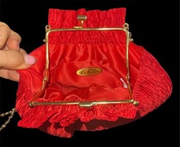 Vintage La Regale Red Pleated Satin Evening Bag Gold Frame Chain 90s Purse image 7