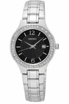 Seiko SUR785 Women&#39;s Silver Black Dial Swarovski Crystals Bezel Dress Watch - $225.00