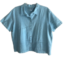 Hot Cotton Short Sleeve Shirt Size XL Aqua Waffle Knit Woven Snaps Lagenlook - £22.89 GBP