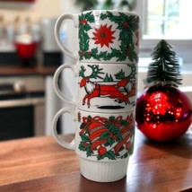 Vtg Japan Christmas Stackable Ceramic Mugs Holiday Bells Holly Santa Poi... - $18.70