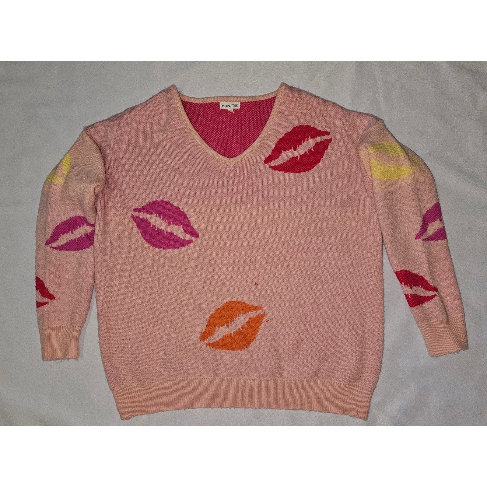 Main Strip Pink Lips Print Sweater – Women’s Large Knit Pullover Y2K Aes... - £17.24 GBP