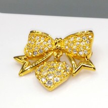 Vintage Swarovski Swan Signed Heart and Bow Brooch, Gold Tone with Clear... - $111.27