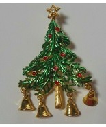 Vintage Christmas Tree Brooch Enamel, Dangling Bells, Rhinestone Star - $26.79 CAD