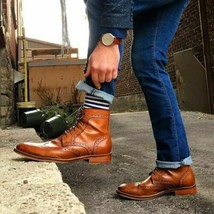 Mens new Handmade Brown Leather Brogue High Ankle Boots, Wingtip Shoes  - $219.03 CAD