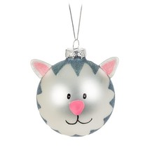 Cute Cat Head Ornaments Set of 4 Glass with Gray Glitter Fun Feline Features