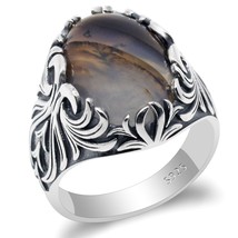 925 Sterling Silver Men&#39;s Ring with Big Natural Agate Stone Vintage Punk Thai Si - £37.21 GBP